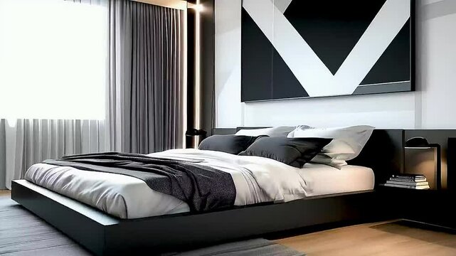 a modern bedroom with a black and white theme