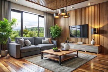 Modern Living Room Interior Design with Gray Sofa, Wooden Walls, and Screen TV - 3D Render for Home Decor Inspiration