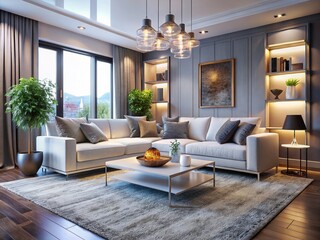Modern Living Room Interior Design with White Sofa, Grey Carpet, Elegant Decor, 3D Rendering, Cozy Atmosphere, Contemporary Style, Home Decoration Ideas, Stylish Furniture, Warm Lighting