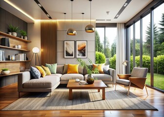 Fototapeta premium Modern Minimalist Living Room with Natural Light, Sleek Furniture, Neutral Tones, and Inviting Atmosphere for Home Decor Inspiration