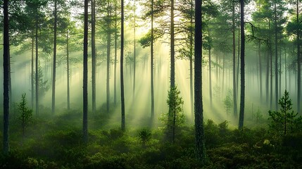 Fototapeta premium Foggy Morning in Pine Forest with Sun Rays Filtering Through the Trees