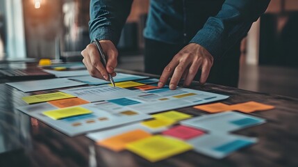Obraz premium Focused Professional Strategizing with Mind-Mapped Business Vision and Keywords