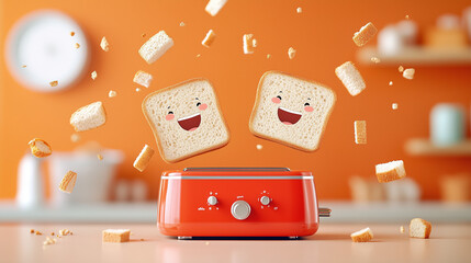 Two cheerful cartoon slices of bread with smiling faces joyfully pop out of a bright red toaster breakfast-themed illustrations, children's books, food packaging, or marketing materials 