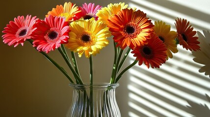 Close-up of vibrant flowers in a clear vase, casting intricate shadows on a sunlit wall, capturing a serene, minimalist aesthetic