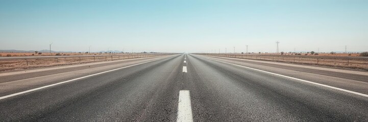 Fototapeta premium Straight asphalt highway stretching into the distance under a clear blue sky, outdoor, driving, travel