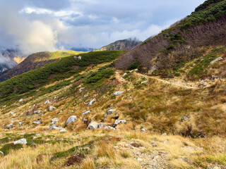 北アルプス三俣分岐から双六岳への秋の登山道