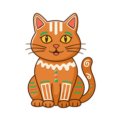 Festive Gingerbread Cat with Colorful Details Isolated on White