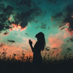 Silhouette of praying figure against scenic sky