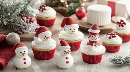 Cute Christmas cupcakes with Santa hat and snowman designs, surrounded by holiday decor on a cozy table