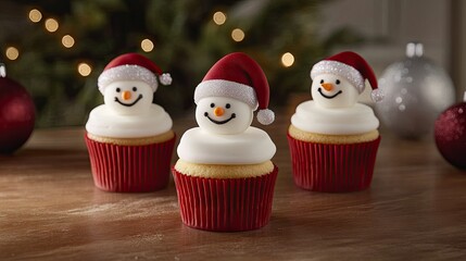 Cute Christmas cupcakes with Santa hat and snowman designs, surrounded by holiday decor on a cozy table