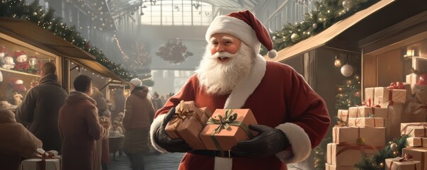 Santa carrying an armful of gifts in an attractive Christmas market setting, surrounded by holiday cheer