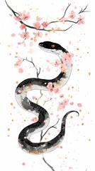 Obraz premium Traditional Chinese pink and white watercolor snake illustration poster background