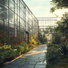 Fototapeta premium Stone Pathway Through Greenhouse with Lush Greenery and Sunlight