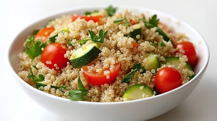 Quinoa Salad with Grilled Vegetables on White Background

Colorful quinoa salad with bell peppers, zucchini, and cherry tomatoes sits on a clean white backdrop, showcasing a hearty plant-based meal.
