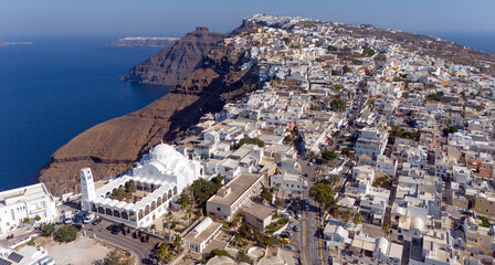 Aerial view of Fira, the capital of the Greek Aegean island of Santorini