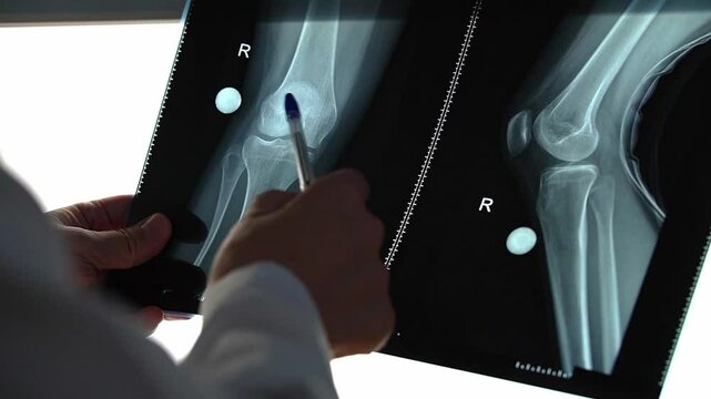 Caucasian doctor in a white coat. X-ray of the leg. X-ray of the knee. Studying the X-ray. Slow motion. High-quality shooting in 4k format