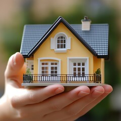Hand Holding Small Yellow House Model   Real Estate  Home Ownership  Dream Home