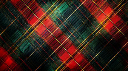 A seamless Christmas tartan plaid pattern in vibrant red, green, yellow, and black tones, with intricate checkered lines that create a traditional Scottish-inspired design. 