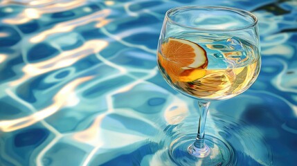 Exotic cocktail glass with a fruit slice on the edge of the pool at a luxury resort, with reflections in the clear, blue water