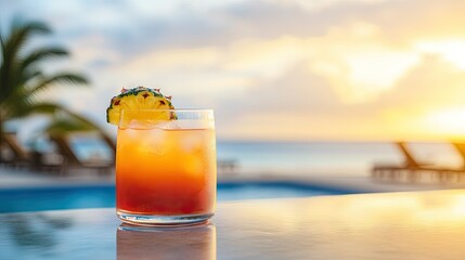 Exotic cocktail with a slice of pineapple on the poolside, overlooking a sparkling blue pool, creating a peaceful vacation vibe
