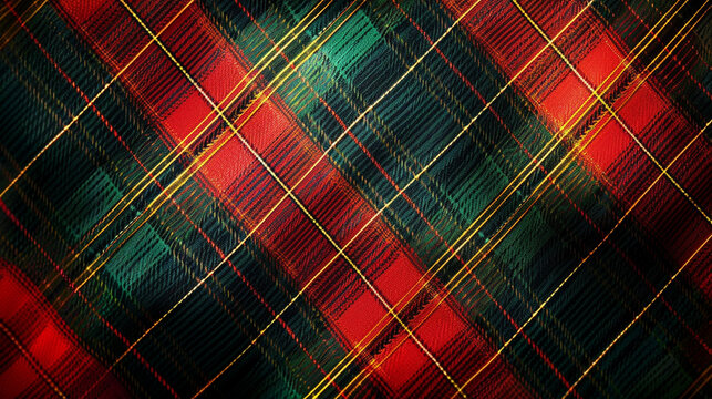 A seamless Christmas tartan plaid pattern in vibrant red, green, yellow, and black tones, with intricate checkered lines that create a traditional Scottish-inspired design. 
