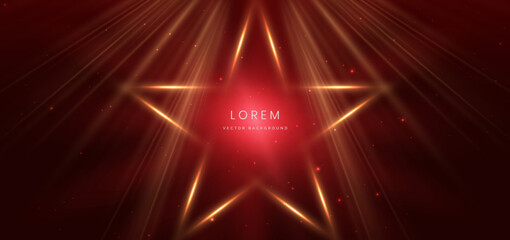 Obraz premium Golden star on dark red background with lighting effect and sparkle.
