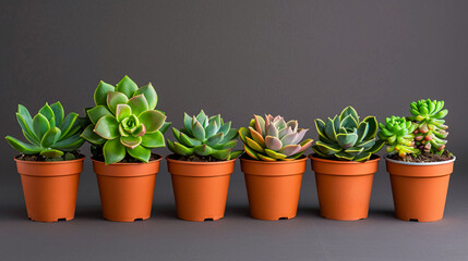 Obraz premium Succulent Plants in Pots: Succulent plants in pots against a gray background, perfect for home decor or gardening themes.