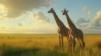 Obraz premium Pair of Giraffes Grazing in Beautiful African Landscape Photo