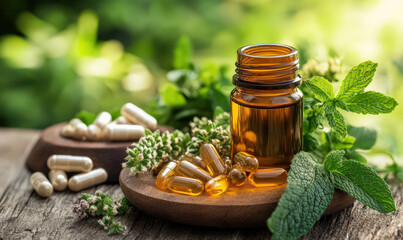 Natural herbal supplements in capsules on wooden table