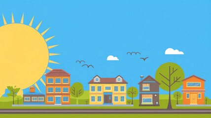 Colorful cityscape illustration featuring vibrant houses under a bright sun and clear sky, with trees and birds adding a lively atmosphere.
