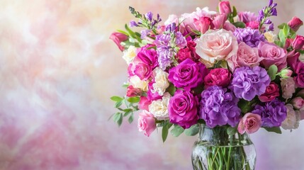 Obraz premium Fresh flowers arranged in a glass vase, with soft light casting shadows, creating a peaceful, natural look on a neutral background