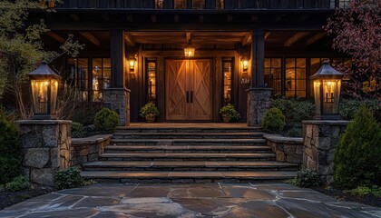 A welcoming entrance featuring wooden double doors, stone steps, and lanterns, creating a cozy ambiance.