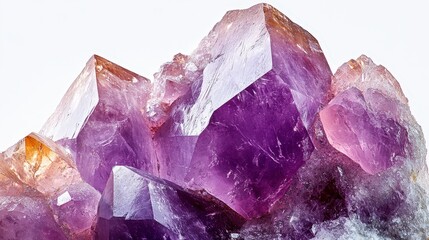 Fototapeta premium Close-up of purple amethyst crystal cluster against white background