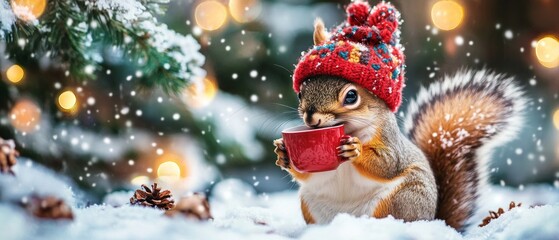 A cute squirrel wearing a red knitted hat sits in the snow and drinks from a red mug, enjoying the winter wonderland.