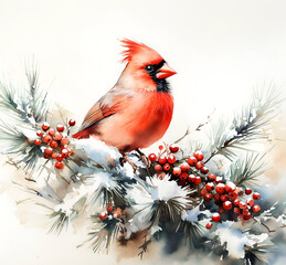 
Watercolor painting of a red cardinal sitting on a snowy pine branch with berries, against a white background