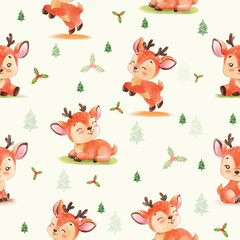 Seamless pattern of adorable cartoon reindeer in various poses with festive greenery on a light background.