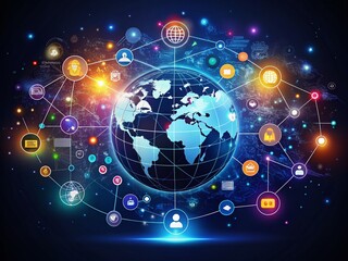 Obraz premium Night Photography of a World Wide Concept with Flat Vector Icons Representing Global Connection, Technology, and Community in a Minimalist Style for Creative Projects