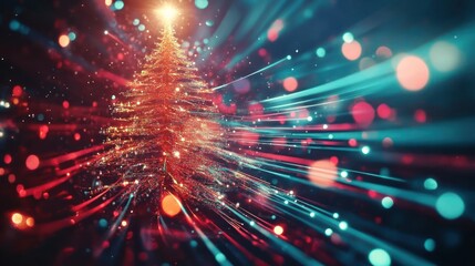 Obraz premium A golden Christmas tree with twinkling lights against a background of red and blue streaks of light.