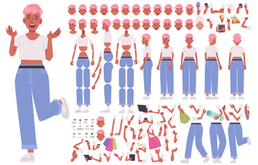 Cute and cheerful African American girl character constructor. Young creative woman freelance artist. Set of arms legs body and head positions for creating animation