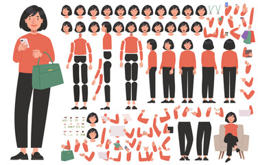 Asian woman character constructor. Cute business girl. Set of hands legs body and head positions for creating animation