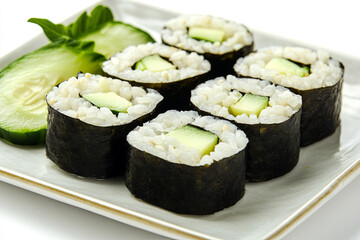 Plate of vegan sushi with avocado, cucumber, and brown rice served with soy sauce