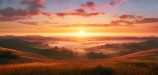 Obraz premium sun rising over hills, with warm, energizing colors shifting from red to gold, symbolizing a fresh start