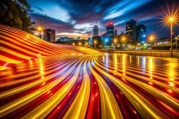 Night Photography of Red Yellow Striped Shiny Wave Latex Sheet in Urban Environment, Bright Colors, Texture, Abstract Art, Modern Design, Creative Background, Vibrant Aesthetics