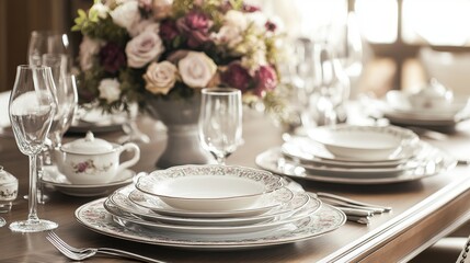 Fototapeta premium Elegant Dining Table Set for a Special Occasion, Luxurious Feast Setup