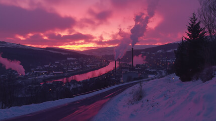 Pink sunrise over snowy valley with industrial smokestacks..