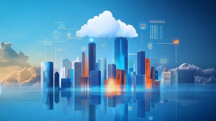 Fototapeta premium Cloud computing cityscape with digital data icons.