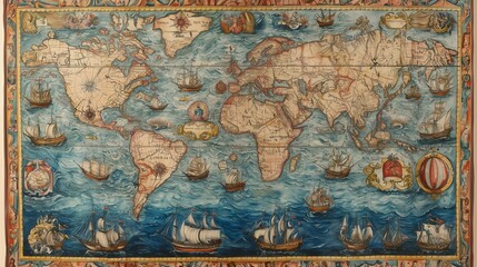Obraz premium Hand-drawn world map with ships and a compass.