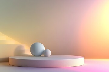 Minimalist spheres on podium with pastel gradient
