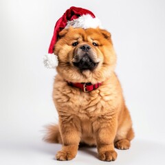 Obraz premium Chow chow dog wearing a santa hat background collar white.