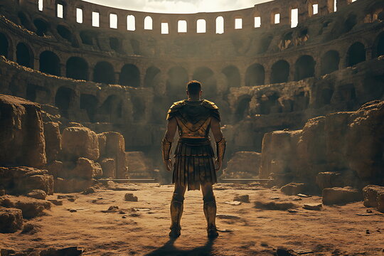 Roman gladiator inside the coliseum, Gladiator inside battle arena, Generative AI